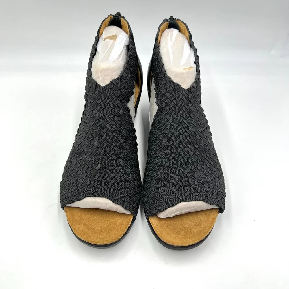 Comfortiva Womens Size‎ 6.5 Black Leather Textile Woven Wedges Sandals Shoes